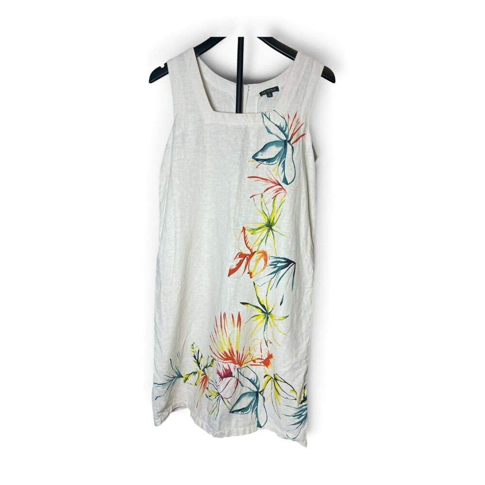 For Cynthia Women’s M Linen Blend Floral Shift Dress Sleeveless Ivory Midi
